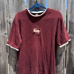 Vintage Maroon Short Sleeve Tee with Floral Embroidery 90s Flower Collector